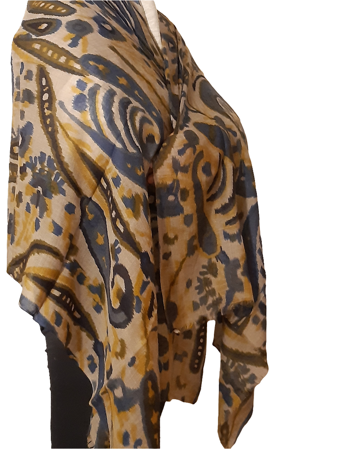 Handmade camel wool textile with prints - blue & yellow